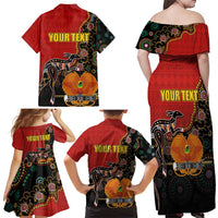 Personalised Papua New Guinea and Australia Together Family Matching Off Shoulder Maxi Dress and Hawaiian Shirt Bird-of-paradise and Kangaroo with Aboriginal Pattern LT03 - Polynesian Pride