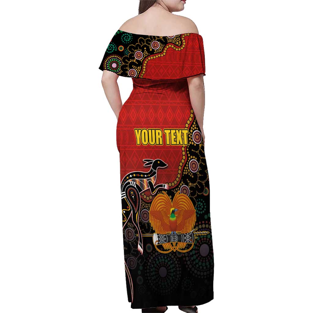 Personalised Papua New Guinea and Australia Together Family Matching Off Shoulder Maxi Dress and Hawaiian Shirt Bird-of-paradise and Kangaroo with Aboriginal Pattern LT03 - Polynesian Pride