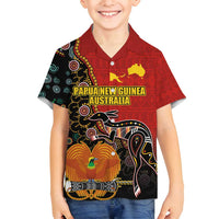 Personalised Papua New Guinea and Australia Together Family Matching Off Shoulder Maxi Dress and Hawaiian Shirt Bird-of-paradise and Kangaroo with Aboriginal Pattern LT03 Son's Shirt Red - Polynesian Pride