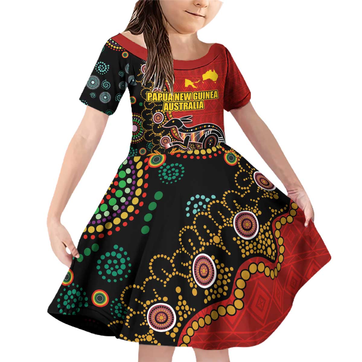 Personalised Papua New Guinea and Australia Together Family Matching Off Shoulder Short Dress and Hawaiian Shirt Bird-of-paradise and Kangaroo with Aboriginal Pattern LT03 Daughter's Dress Red - Polynesian Pride
