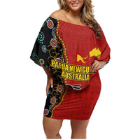 Personalised Papua New Guinea and Australia Together Family Matching Off Shoulder Short Dress and Hawaiian Shirt Bird-of-paradise and Kangaroo with Aboriginal Pattern LT03 Mom's Dress Red - Polynesian Pride