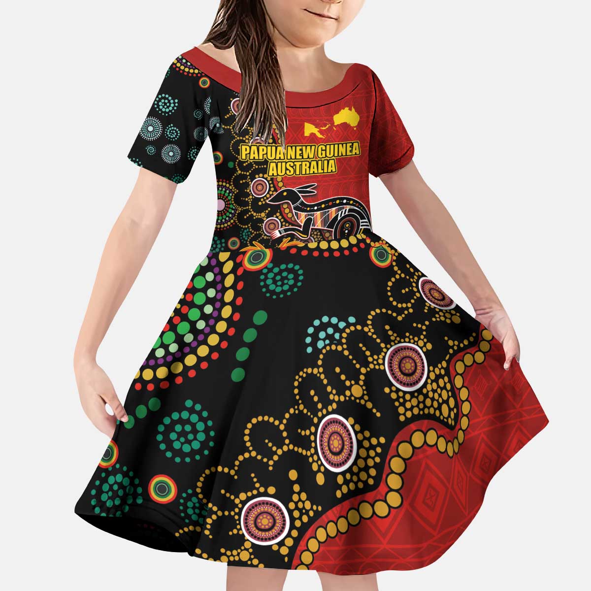 Personalised Papua New Guinea and Australia Together Family Matching Puletasi and Hawaiian Shirt Bird-of-paradise and Kangaroo with Aboriginal Pattern LT03 Daughter's Dress Red - Polynesian Pride