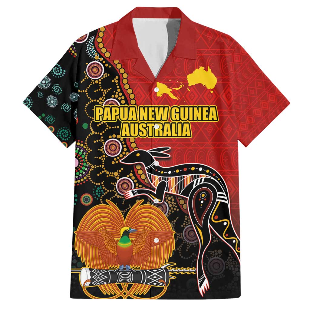 Personalised Papua New Guinea and Australia Together Family Matching Short Sleeve Bodycon Dress and Hawaiian Shirt Bird-of-paradise and Kangaroo with Aboriginal Pattern LT03 Dad's Shirt - Short Sleeve Red - Polynesian Pride