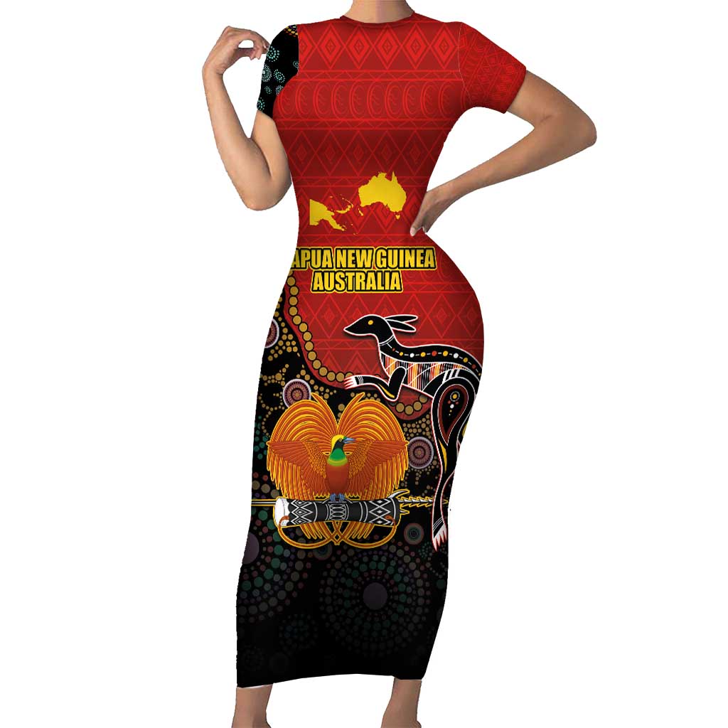 Personalised Papua New Guinea and Australia Together Family Matching Short Sleeve Bodycon Dress and Hawaiian Shirt Bird-of-paradise and Kangaroo with Aboriginal Pattern LT03 Mom's Dress Red - Polynesian Pride