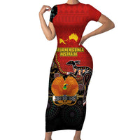 Personalised Papua New Guinea and Australia Together Family Matching Short Sleeve Bodycon Dress and Hawaiian Shirt Bird-of-paradise and Kangaroo with Aboriginal Pattern LT03 Mom's Dress Red - Polynesian Pride