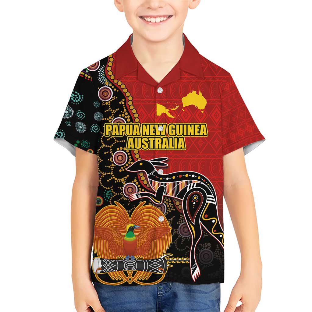 Personalised Papua New Guinea and Australia Together Family Matching Short Sleeve Bodycon Dress and Hawaiian Shirt Bird-of-paradise and Kangaroo with Aboriginal Pattern LT03 Son's Shirt Red - Polynesian Pride