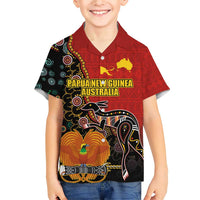 Personalised Papua New Guinea and Australia Together Family Matching Short Sleeve Bodycon Dress and Hawaiian Shirt Bird-of-paradise and Kangaroo with Aboriginal Pattern LT03 Son's Shirt Red - Polynesian Pride