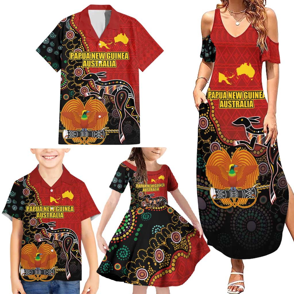 Personalised Papua New Guinea and Australia Together Family Matching Summer Maxi Dress and Hawaiian Shirt Bird-of-paradise and Kangaroo with Aboriginal Pattern LT03 - Polynesian Pride