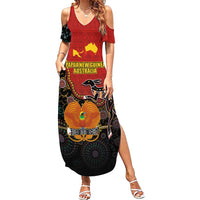 Personalised Papua New Guinea and Australia Together Family Matching Summer Maxi Dress and Hawaiian Shirt Bird-of-paradise and Kangaroo with Aboriginal Pattern LT03 Mom's Dress Red - Polynesian Pride