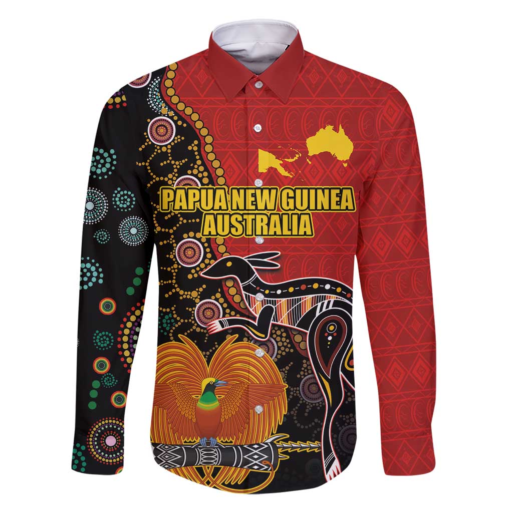 Personalised Papua New Guinea and Australia Together Family Matching Tank Maxi Dress and Hawaiian Shirt Bird-of-paradise and Kangaroo with Aboriginal Pattern LT03 Dad's Shirt - Long Sleeve Red - Polynesian Pride
