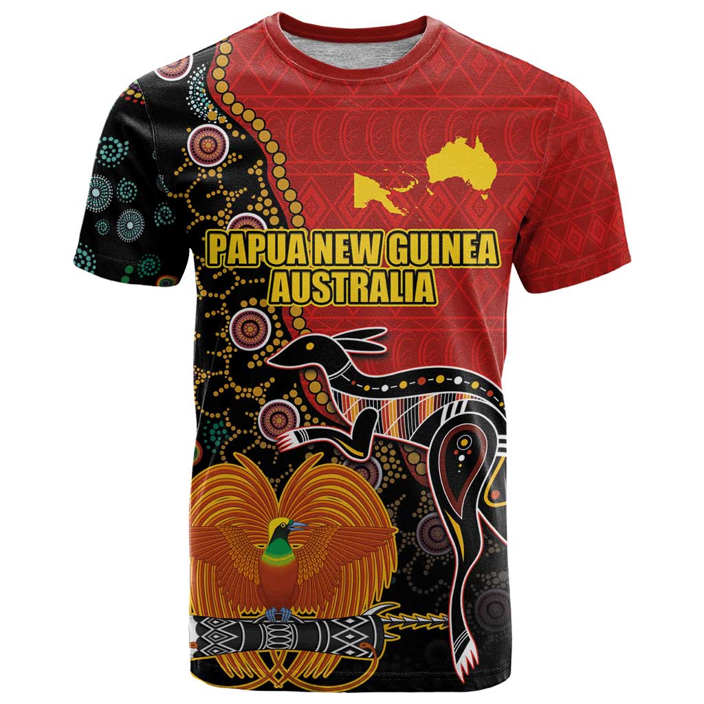 Personalised Papua New Guinea and Australia Together T Shirt Bird-of-paradise and Kangaroo with Aboriginal Pattern