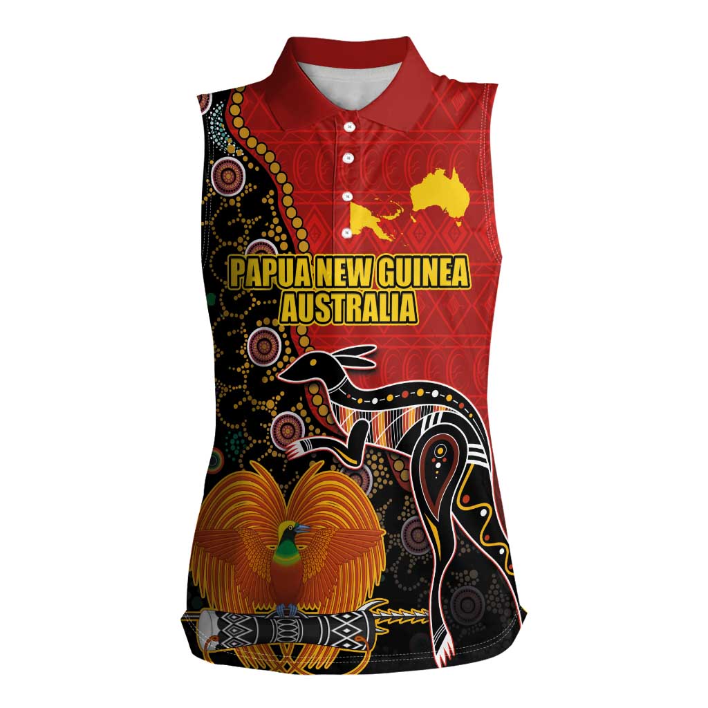 Personalised Papua New Guinea and Australia Together Women Sleeveless Polo Shirt Bird-of-paradise and Kangaroo with Aboriginal Pattern LT03 Female Red - Polynesian Pride