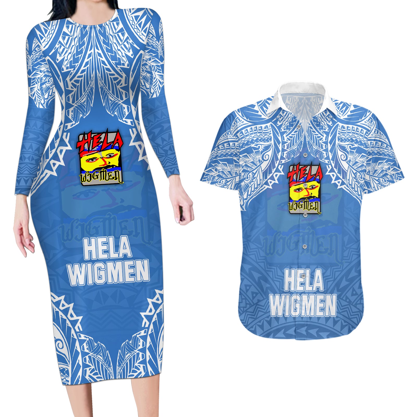 Custom Hela Wigmen Rugby Couples Matching Long Sleeve Bodycon Dress and Hawaiian Shirt Papua New Guinea Polynesian Tattoo LT03 Blue - Polynesian Pride