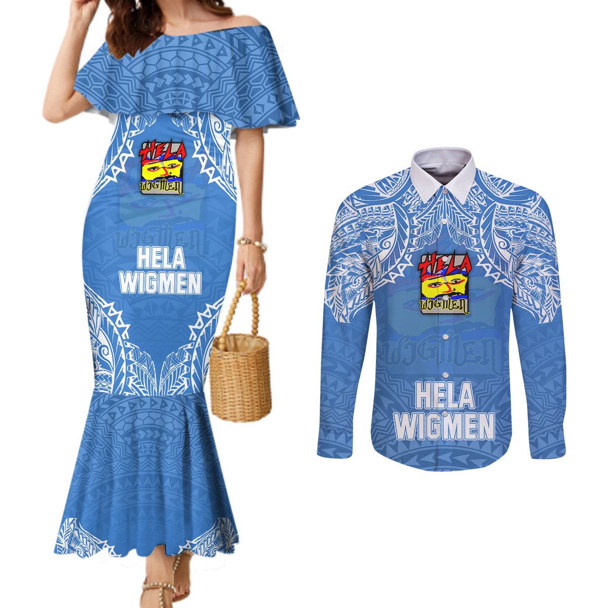 Custom Hela Wigmen Rugby Couples Matching Mermaid Dress and Long Sleeve Button Shirts Papua New Guinea Polynesian Tattoo LT03 Blue - Polynesian Pride