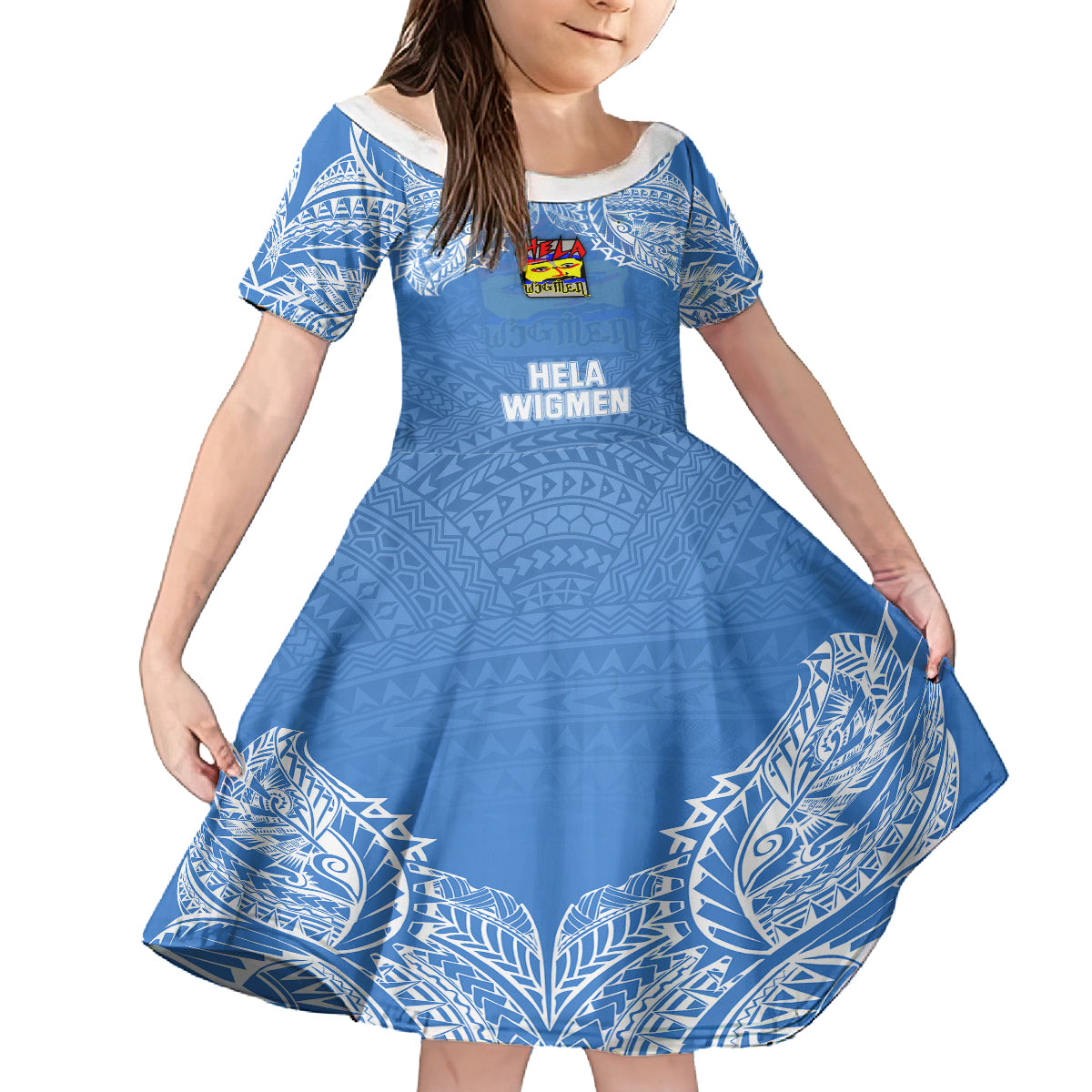 Custom Hela Wigmen Rugby Family Matching Off Shoulder Maxi Dress and Hawaiian Shirt Papua New Guinea Polynesian Tattoo LT03 Daughter's Dress Blue - Polynesian Pride
