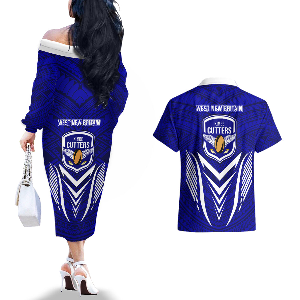 Kimbe Cutters Rugby Couples Matching Off The Shoulder Long Sleeve Dress and Hawaiian Shirt Papua New Guinea Polynesian Tattoo Blue Version LT03 - Polynesian Pride