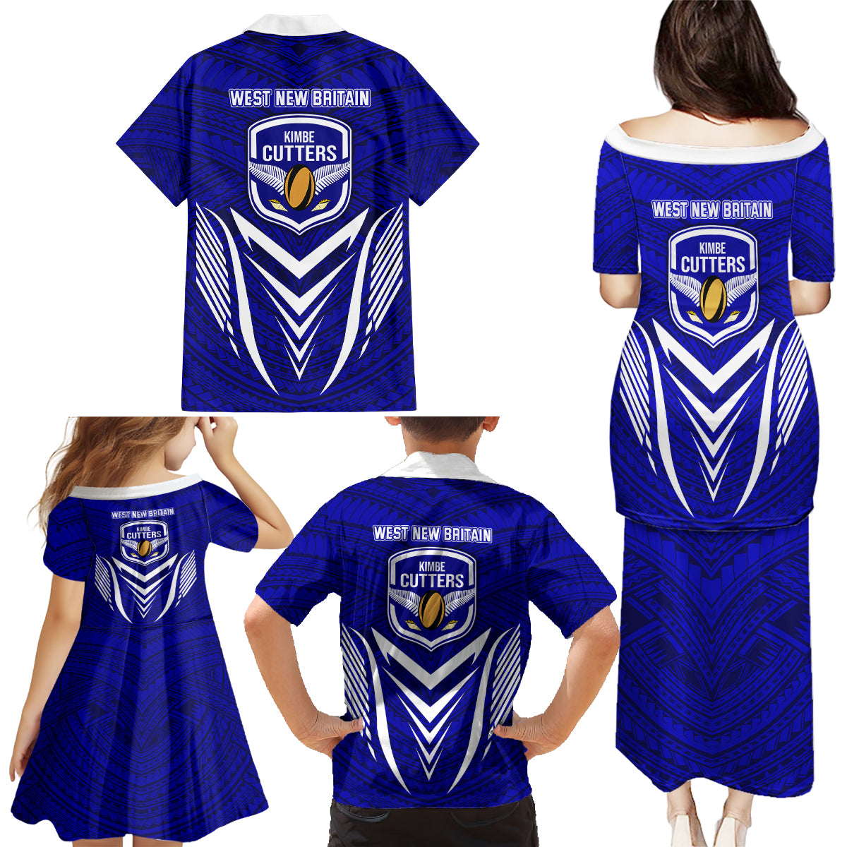 Kimbe Cutters Rugby Family Matching Puletasi Dress and Hawaiian Shirt Papua New Guinea Polynesian Tattoo Blue Version LT03 - Polynesian Pride