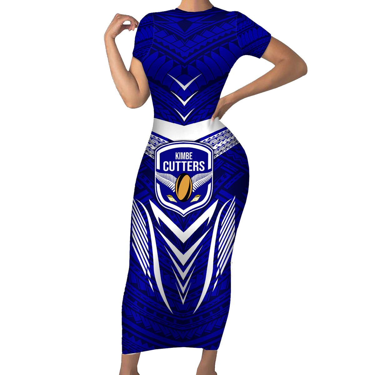 Kimbe Cutters Rugby Short Sleeve Bodycon Dress Papua New Guinea Polynesian Tattoo Blue Version LT03 Long Dress Blue - Polynesian Pride
