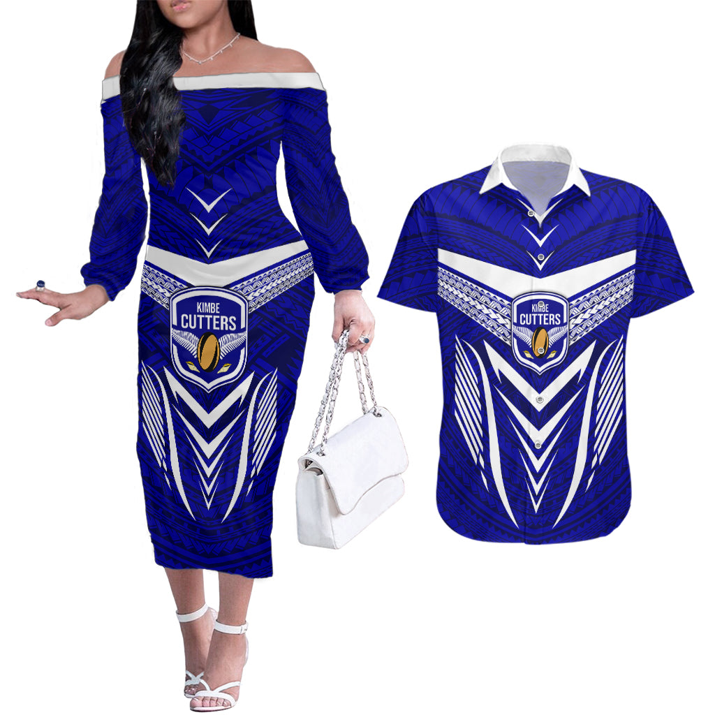 Custom Kimbe Cutters Rugby Couples Matching Off The Shoulder Long Sleeve Dress and Hawaiian Shirt Papua New Guinea Polynesian Tattoo Blue Version LT03 Blue - Polynesian Pride