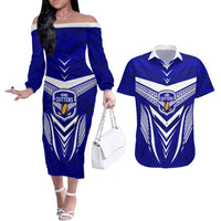 Custom Kimbe Cutters Rugby Couples Matching Off The Shoulder Long Sleeve Dress and Hawaiian Shirt Papua New Guinea Polynesian Tattoo Blue Version LT03 Blue - Polynesian Pride