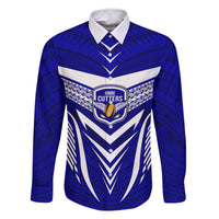 Custom Kimbe Cutters Rugby Family Matching Off Shoulder Long Sleeve Dress and Hawaiian Shirt Papua New Guinea Polynesian Tattoo Blue Version LT03 Dad's Shirt - Long Sleeve Blue - Polynesian Pride
