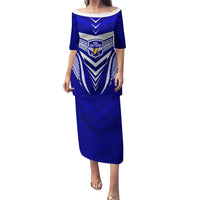 Custom Kimbe Cutters Rugby Family Matching Puletasi Dress and Hawaiian Shirt Papua New Guinea Polynesian Tattoo Blue Version LT03 Mom's Dress Blue - Polynesian Pride