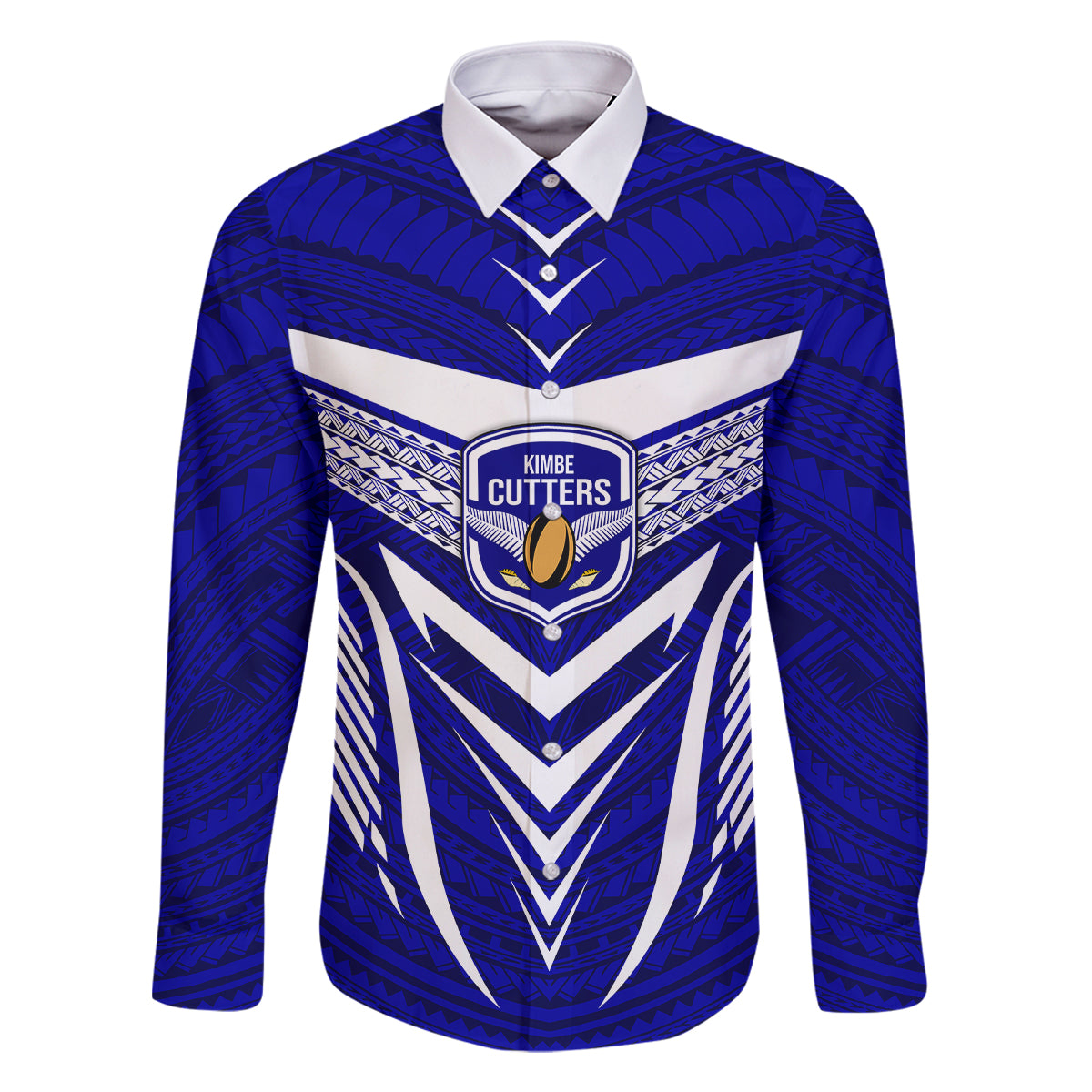 Custom Kimbe Cutters Rugby Family Matching Summer Maxi Dress and Hawaiian Shirt Papua New Guinea Polynesian Tattoo Blue Version LT03 Dad's Shirt - Long Sleeve Blue - Polynesian Pride