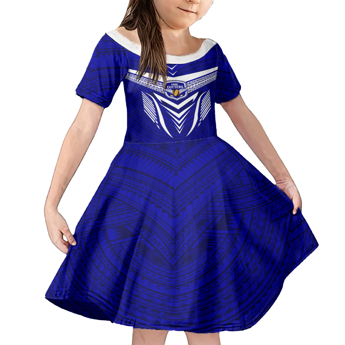 Custom Kimbe Cutters Rugby Kid Short Sleeve Dress Papua New Guinea Polynesian Tattoo Blue Version LT03 KID Blue - Polynesian Pride