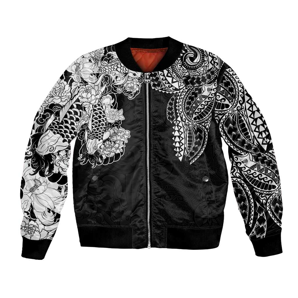Japanese Irezumi and Hawaiian Polynesian Art Tattoo Bomber Jacket Black Color LT03 Unisex Black - Polynesian Pride