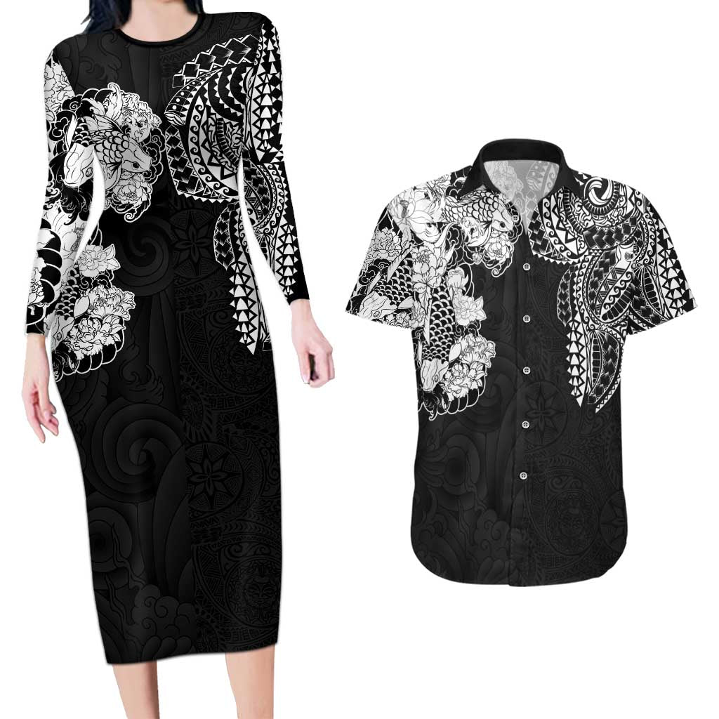 Japanese Irezumi and Hawaiian Polynesian Art Tattoo Couples Matching Long Sleeve Bodycon Dress and Hawaiian Shirt Black Color LT03 Black - Polynesian Pride