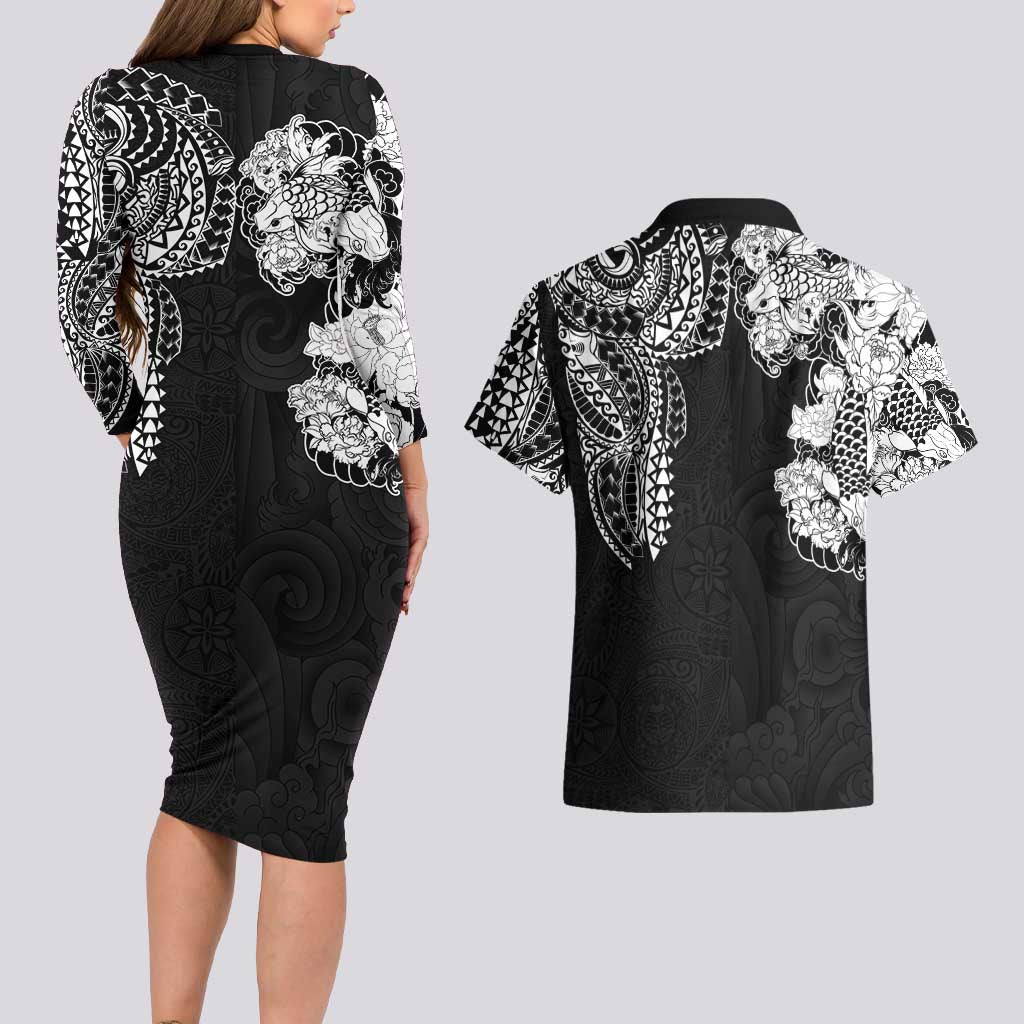 Japanese Irezumi and Hawaiian Polynesian Art Tattoo Couples Matching Long Sleeve Bodycon Dress and Hawaiian Shirt Black Color LT03 - Polynesian Pride