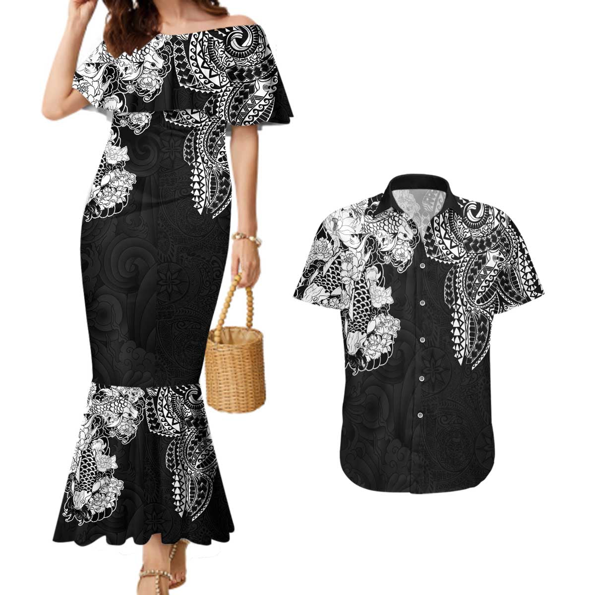 Japanese Irezumi and Hawaiian Polynesian Art Tattoo Couples Matching Mermaid Dress and Hawaiian Shirt Black Color LT03 Black - Polynesian Pride