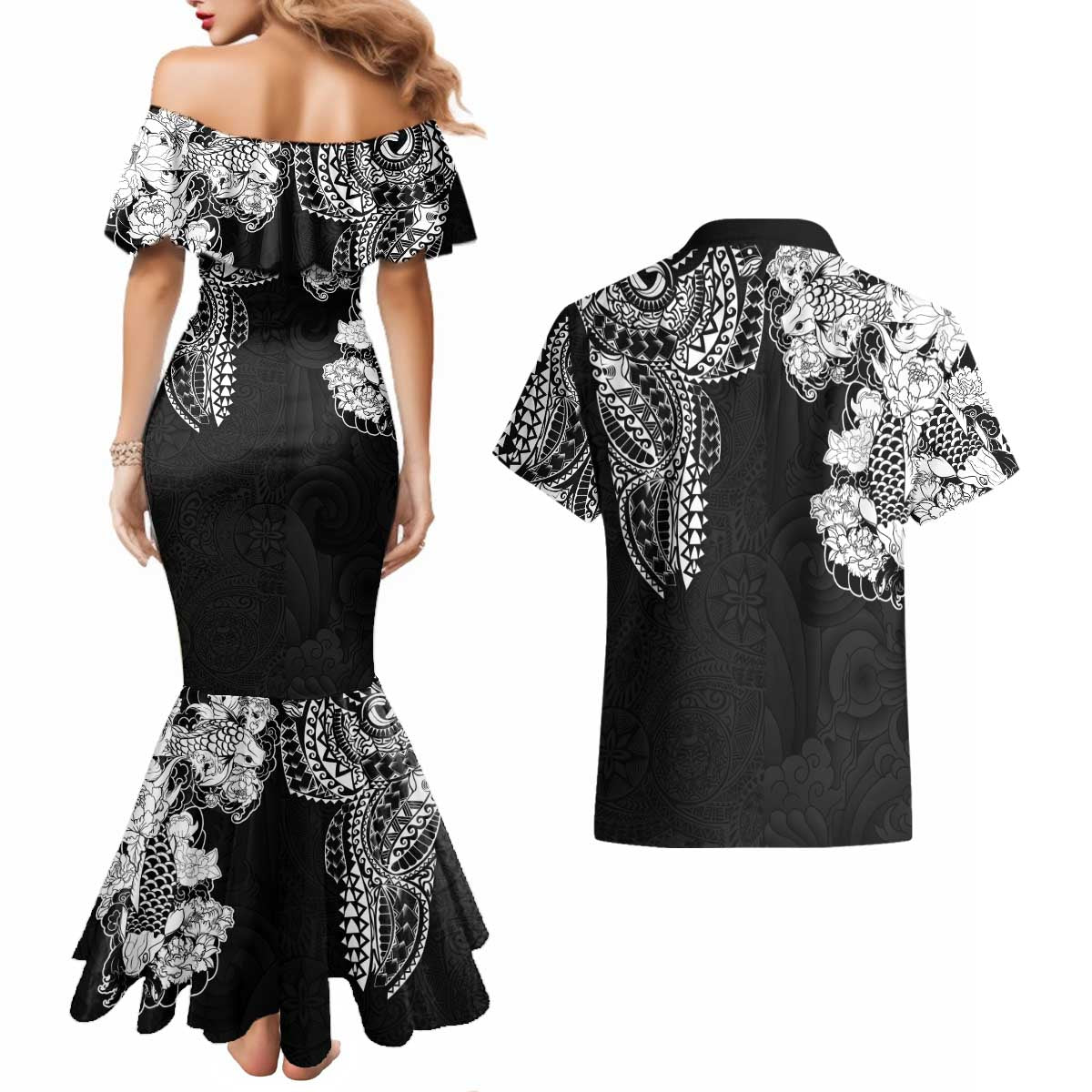 Japanese Irezumi and Hawaiian Polynesian Art Tattoo Couples Matching Mermaid Dress and Hawaiian Shirt Black Color LT03 - Polynesian Pride