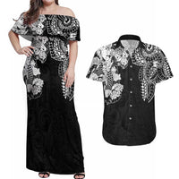 Japanese Irezumi and Hawaiian Polynesian Art Tattoo Couples Matching Off Shoulder Maxi Dress and Hawaiian Shirt Black Color LT03 Black - Polynesian Pride