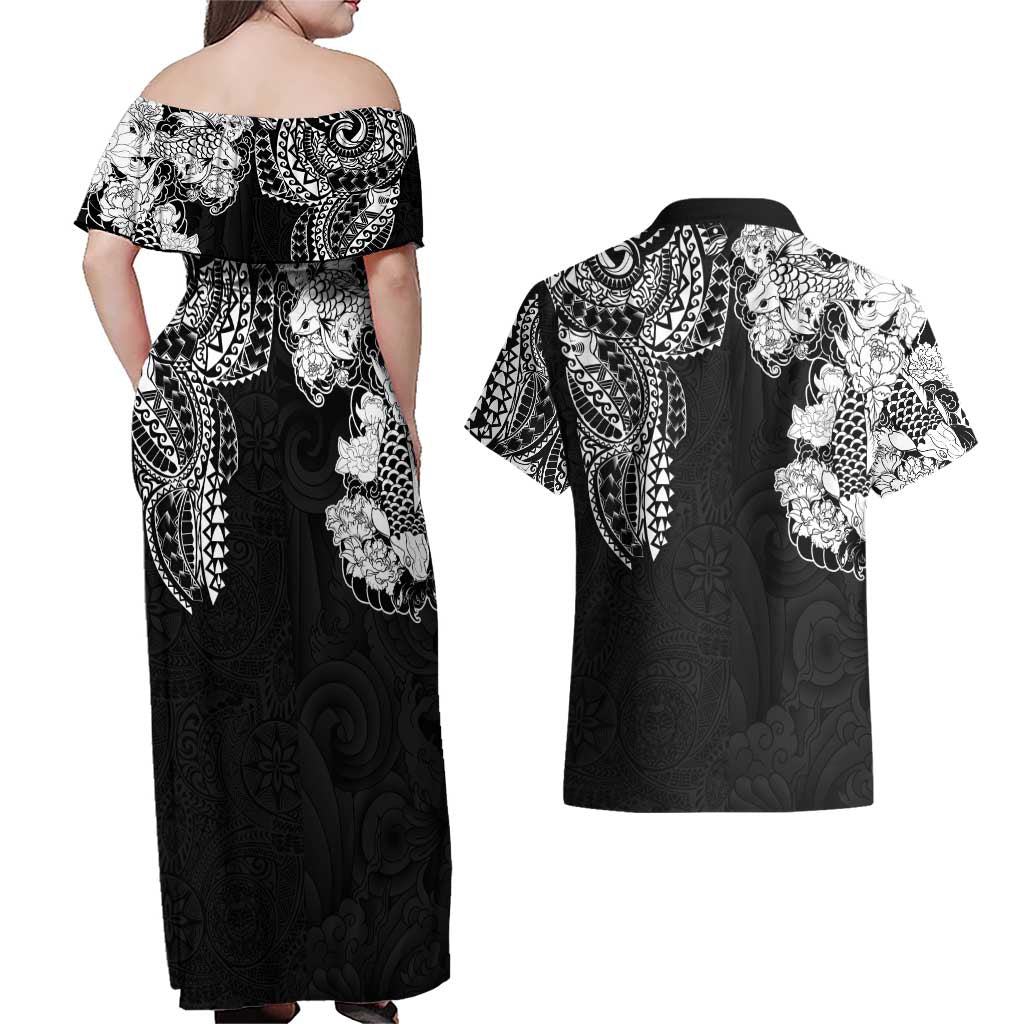 Japanese Irezumi and Hawaiian Polynesian Art Tattoo Couples Matching Off Shoulder Maxi Dress and Hawaiian Shirt Black Color LT03 - Polynesian Pride