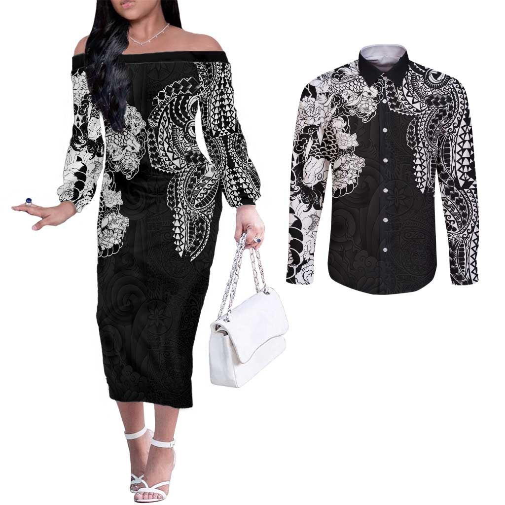 Japanese Irezumi and Hawaiian Polynesian Art Tattoo Couples Matching Off The Shoulder Long Sleeve Dress and Long Sleeve Button Shirt Black Color LT03 Black - Polynesian Pride