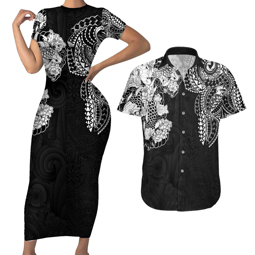 Japanese Irezumi and Hawaiian Polynesian Art Tattoo Couples Matching Short Sleeve Bodycon Dress and Hawaiian Shirt Black Color LT03 Black - Polynesian Pride