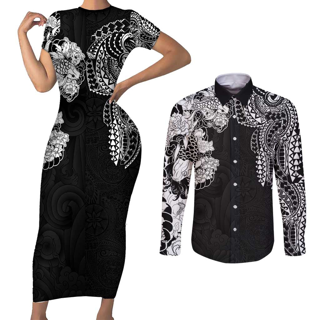Japanese Irezumi and Hawaiian Polynesian Art Tattoo Couples Matching Short Sleeve Bodycon Dress and Long Sleeve Button Shirt Black Color LT03 Black - Polynesian Pride