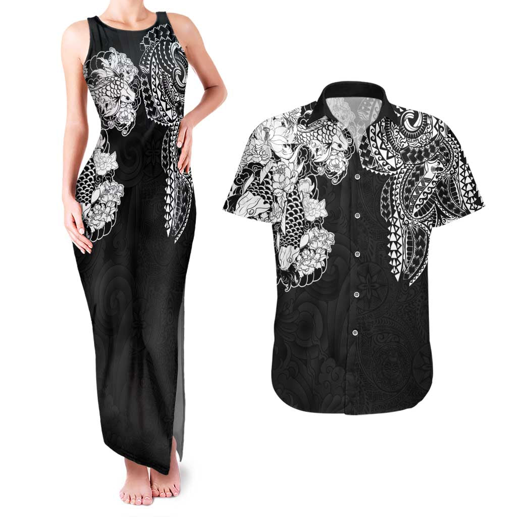 Japanese Irezumi and Hawaiian Polynesian Art Tattoo Couples Matching Tank Maxi Dress and Hawaiian Shirt Black Color LT03 Black - Polynesian Pride