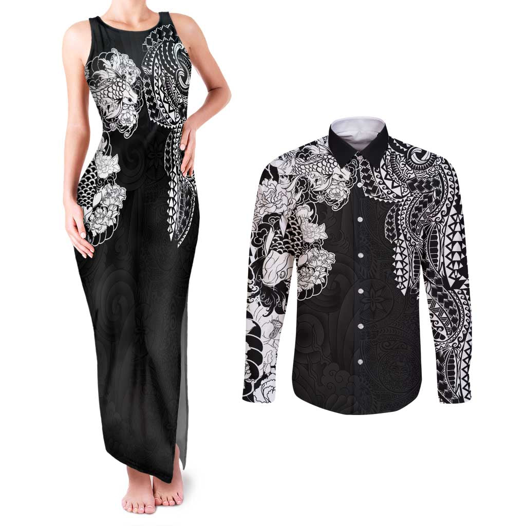 Japanese Irezumi and Hawaiian Polynesian Art Tattoo Couples Matching Tank Maxi Dress and Long Sleeve Button Shirt Black Color LT03 Black - Polynesian Pride