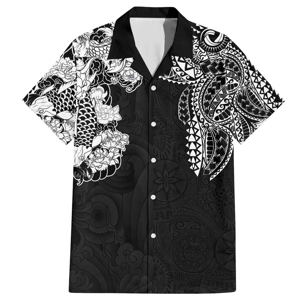 Japanese Irezumi and Hawaiian Polynesian Art Tattoo Family Matching Long Sleeve Bodycon Dress and Hawaiian Shirt Black Color LT03 Dad's Shirt - Short Sleeve Black - Polynesian Pride