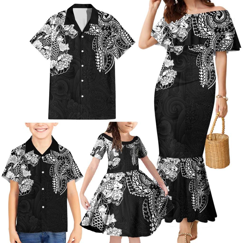 Japanese Irezumi and Hawaiian Polynesian Art Tattoo Family Matching Mermaid Dress and Hawaiian Shirt Black Color LT03 - Polynesian Pride