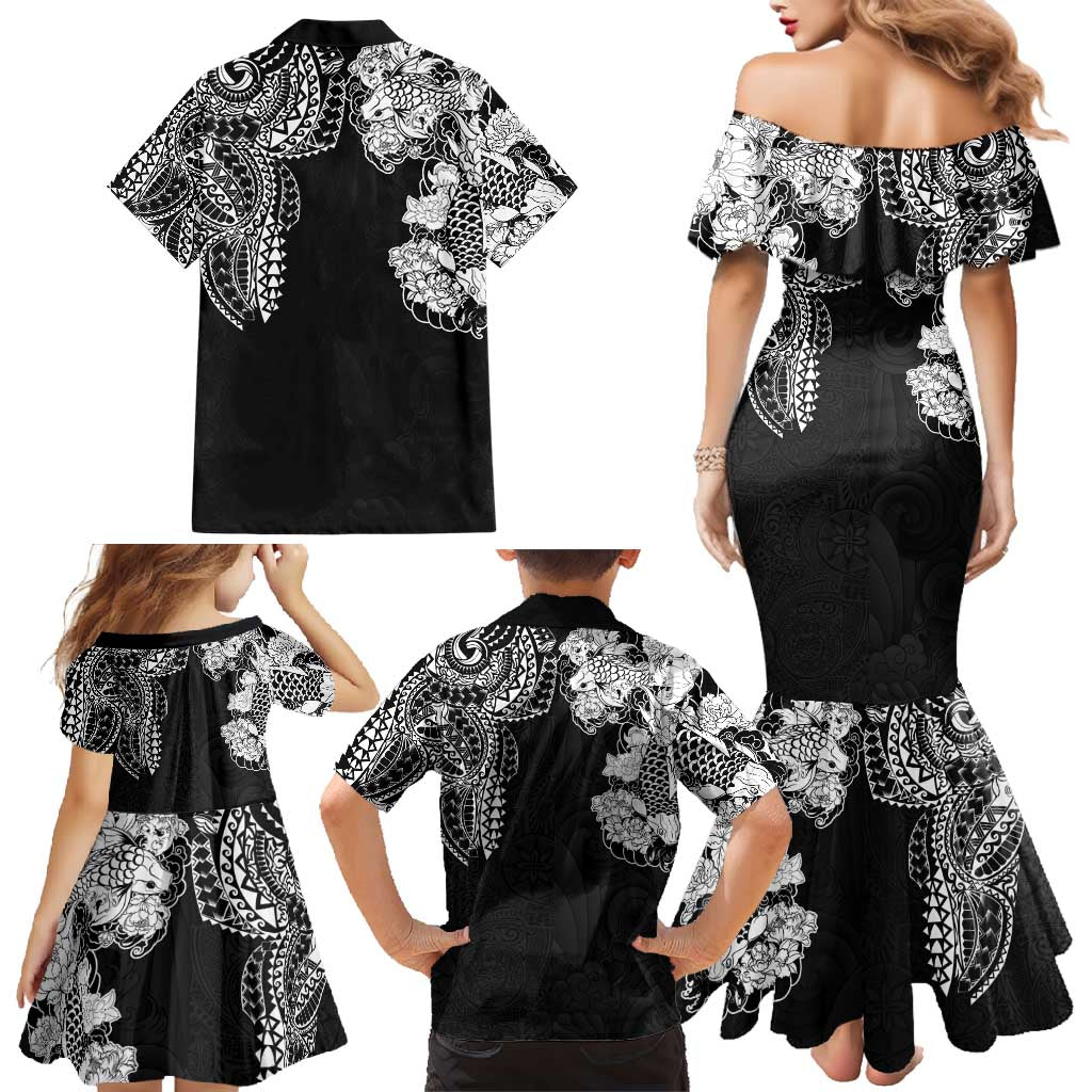 Japanese Irezumi and Hawaiian Polynesian Art Tattoo Family Matching Mermaid Dress and Hawaiian Shirt Black Color LT03 - Polynesian Pride