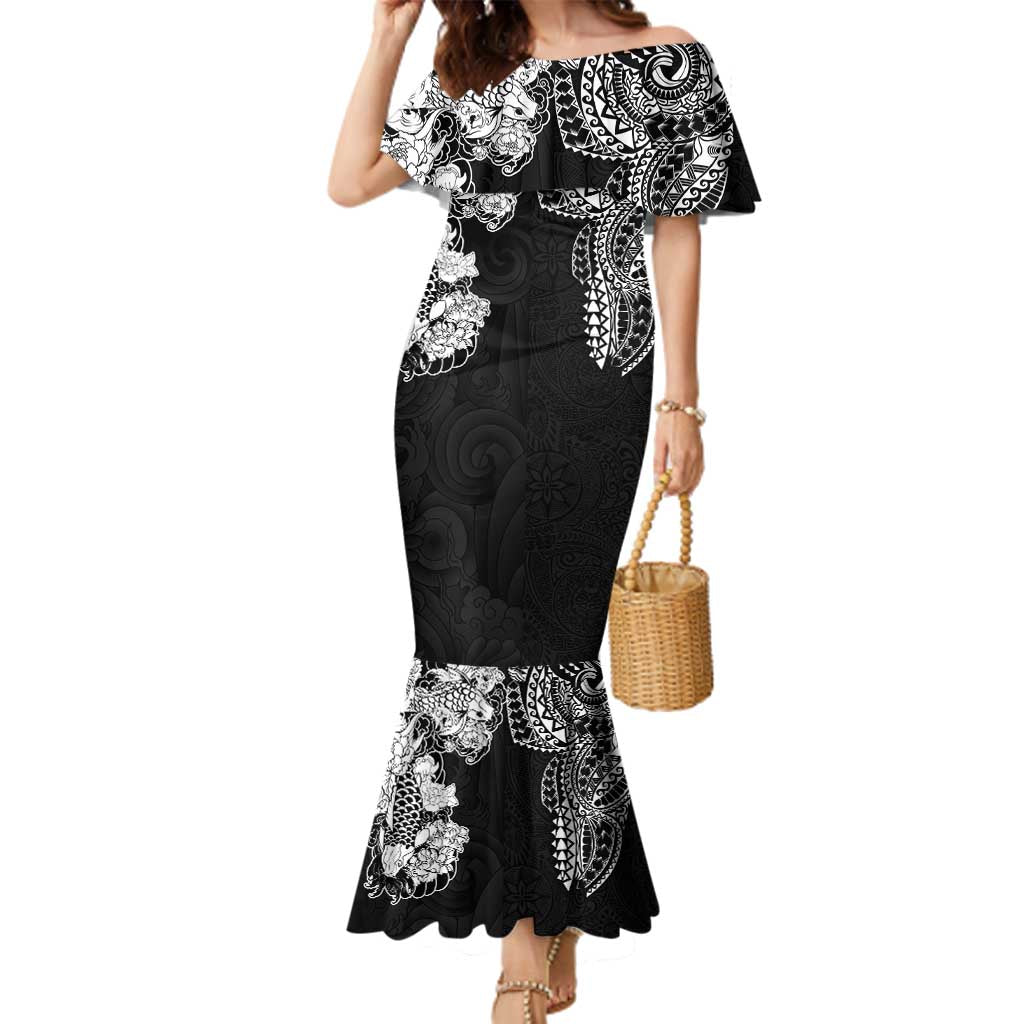 Japanese Irezumi and Hawaiian Polynesian Art Tattoo Family Matching Mermaid Dress and Hawaiian Shirt Black Color LT03 Mom's Dress Black - Polynesian Pride