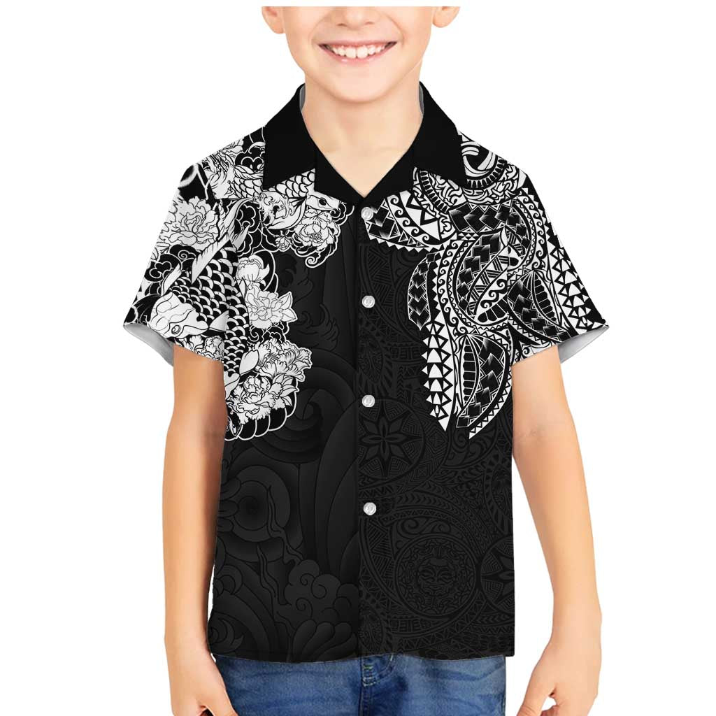 Japanese Irezumi and Hawaiian Polynesian Art Tattoo Family Matching Mermaid Dress and Hawaiian Shirt Black Color LT03 Son's Shirt Black - Polynesian Pride