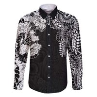 Japanese Irezumi and Hawaiian Polynesian Art Tattoo Family Matching Off The Shoulder Long Sleeve Dress and Hawaiian Shirt Black Color LT03 Dad's Shirt - Long Sleeve Black - Polynesian Pride