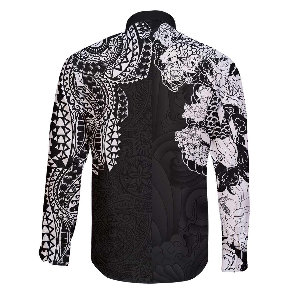 Japanese Irezumi and Hawaiian Polynesian Art Tattoo Family Matching Off The Shoulder Long Sleeve Dress and Hawaiian Shirt Black Color LT03 - Polynesian Pride