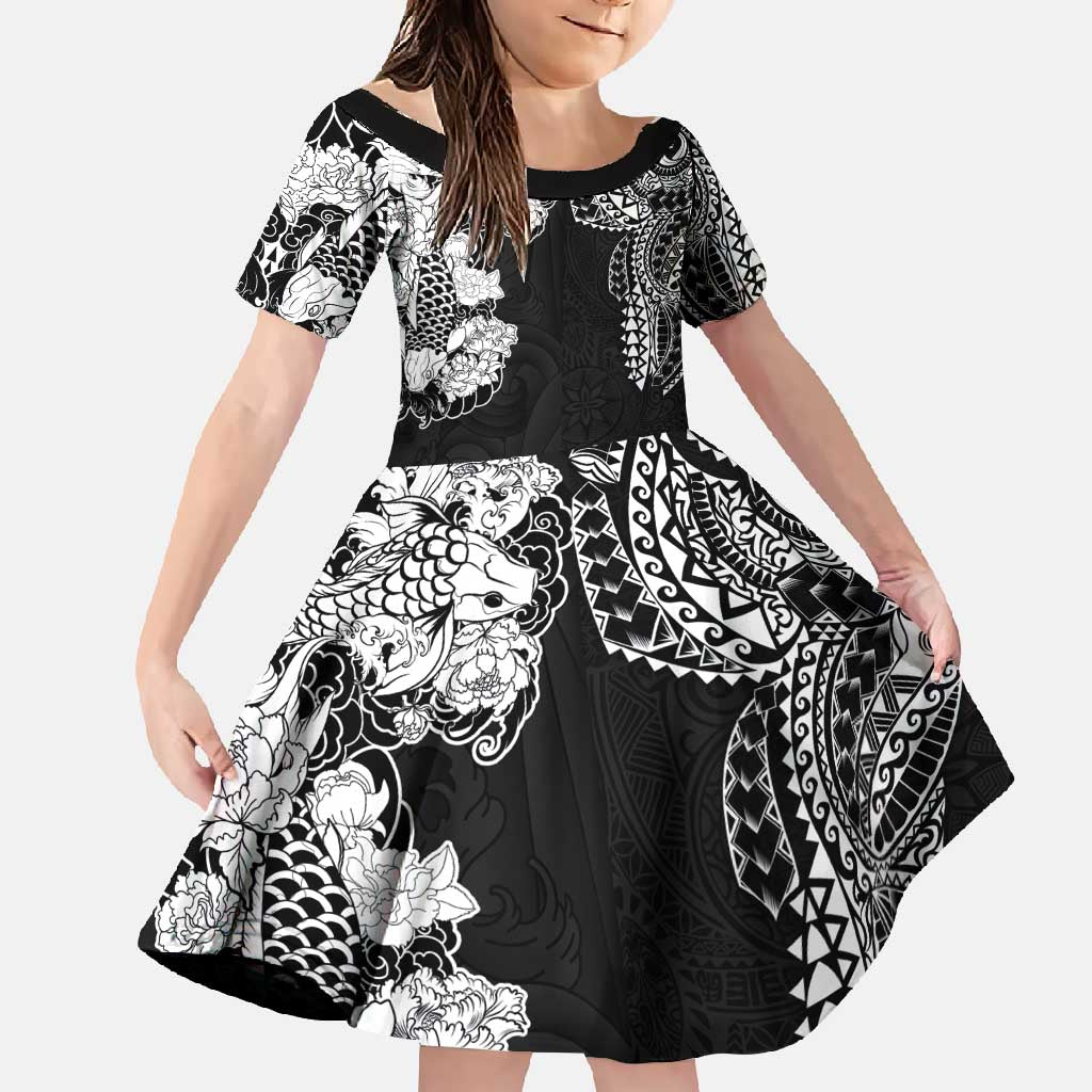 Japanese Irezumi and Hawaiian Polynesian Art Tattoo Family Matching Off Shoulder Maxi Dress and Hawaiian Shirt Black Color LT03 Daughter's Dress Black - Polynesian Pride