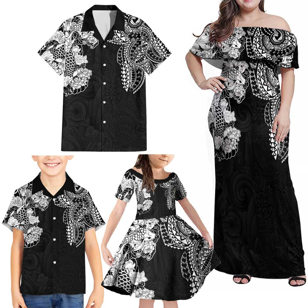 Japanese Irezumi and Hawaiian Polynesian Art Tattoo Family Matching Off Shoulder Maxi Dress and Hawaiian Shirt Black Color LT03 - Polynesian Pride
