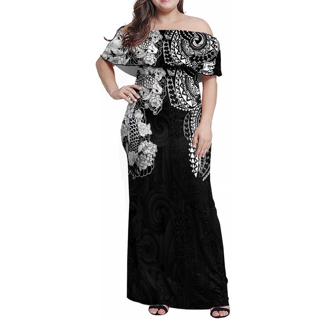Japanese Irezumi and Hawaiian Polynesian Art Tattoo Family Matching Off Shoulder Maxi Dress and Hawaiian Shirt Black Color LT03 Mom's Dress Black - Polynesian Pride